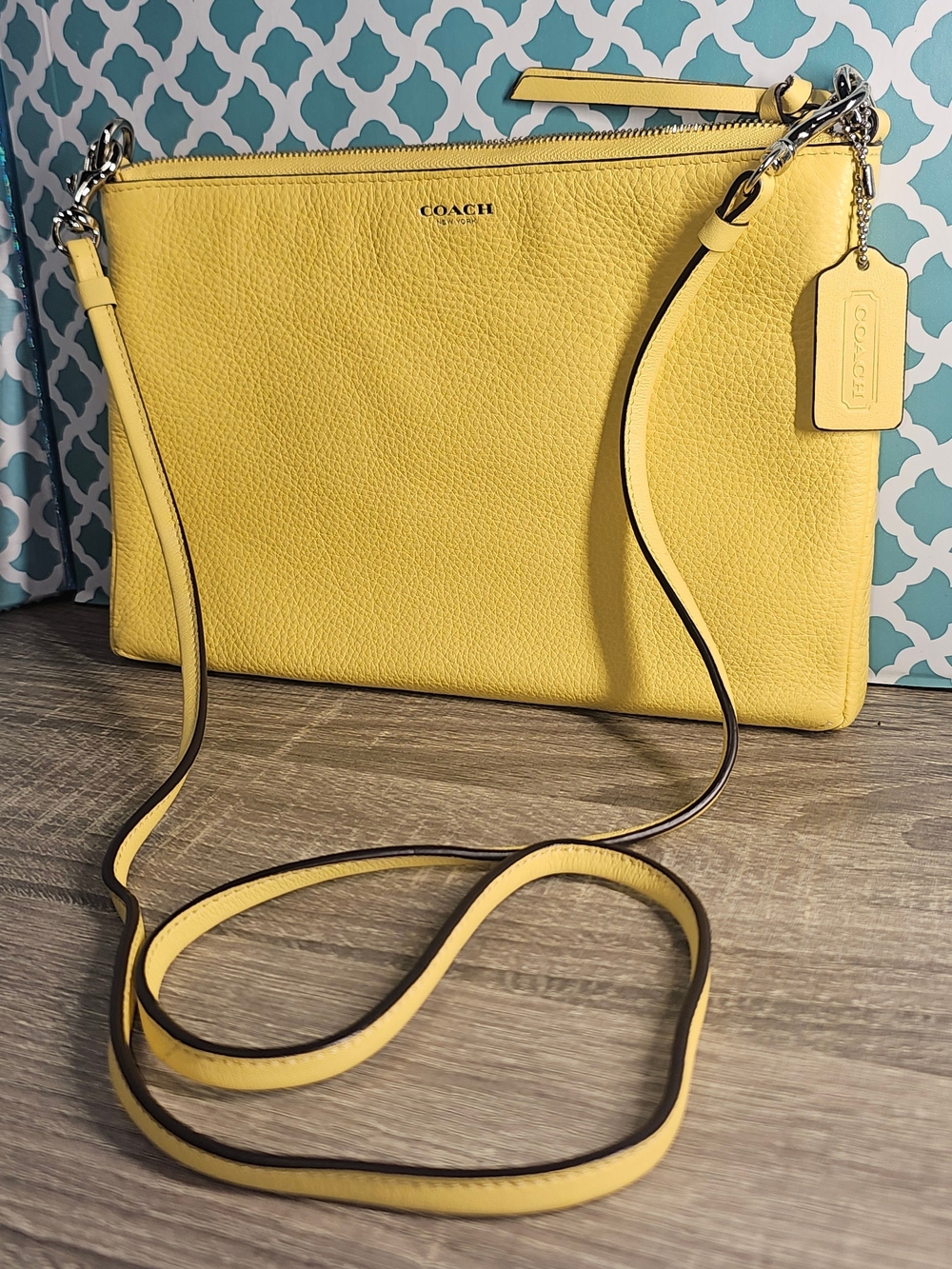 Coach Yellow Pebbled Zip Top Crossbody Bag with Detachable Strap, hang tag
